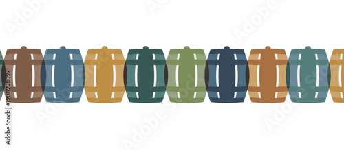 Vector illustration of colorful beer barrels in a row. Flat design brewery kegs border. Oktoberfest background