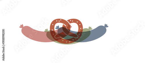 Minimalist vector illustration of a pretzel and sausages. Overlapping food icons for German cuisine and Oktoberfest. Stylized graphic of traditional snacks on white background