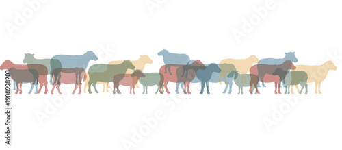 Row of colorful sheep silhouettes in a minimalist vector style. Overlapping animal icons for agriculture and farming concepts. Horizontal graphic of a flock of sheep on white background