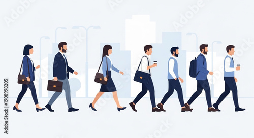 Diverse group of professionals walking in a city street illustration.