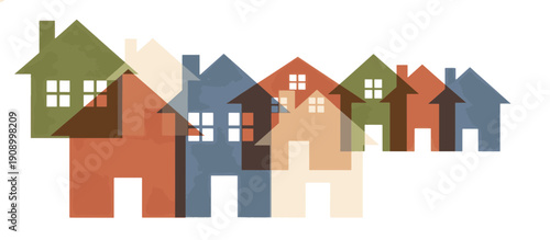 Abstract row of colorful overlapping house icons. Minimalist real estate and community concept illustration. Vector neighborhood design on white background