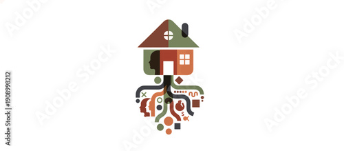 Conceptual vector illustration of a house with deep roots. Family heritage and personal identity concept. Minimalist graphic of home foundations with human silhouettes and symbols
