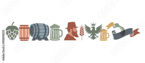 Vintage beer and brewery icons set. Collection of flat illustrations including hops, barrels, mugs, bearded man, and heraldic eagle. Retro brewery label elements