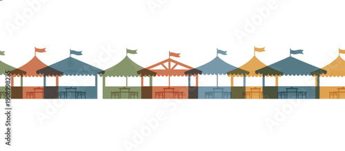 Row of colorful festival tents with flags and tables. Traditional market stalls or beer garden silhouettes on white background. Outdoor event and celebration concept