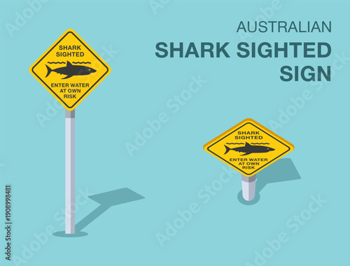 Traffic regulation rules. Isolated australian "shark sighted" warning sign. Front and top view. Flat vector illustration template.