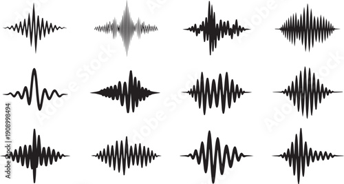 Sound wave patterns and audio signal icons on white