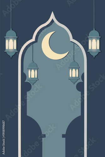 Ramadan Kareem Islamic background featuring mosque silhouette, crescent moon, stars, and lanterns in a modern geometric Arabic frame. Colorful paper cut style vector .