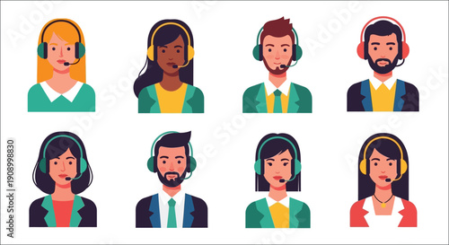 Diverse group of people wearing headsets likely customer service representatives