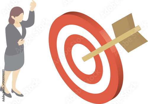 Isometric Goal Achievement Illustration. Success Image with Arrow Hitting the Target and Happy Businessman