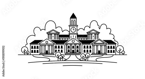 Large School Building With Clock Tower.