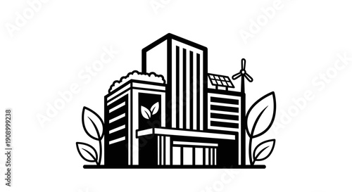 Modern city building with wind turbine.