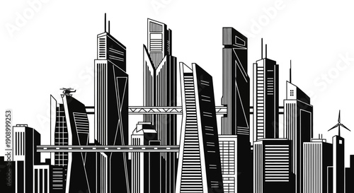 Modern city skyline with skyscrapers.