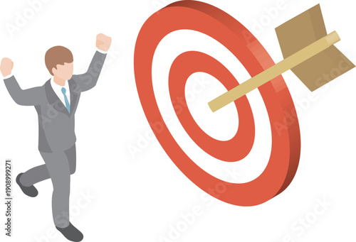 Isometric Goal Achievement Illustration. Success Image with Arrow Hitting the Target and Happy Businessman