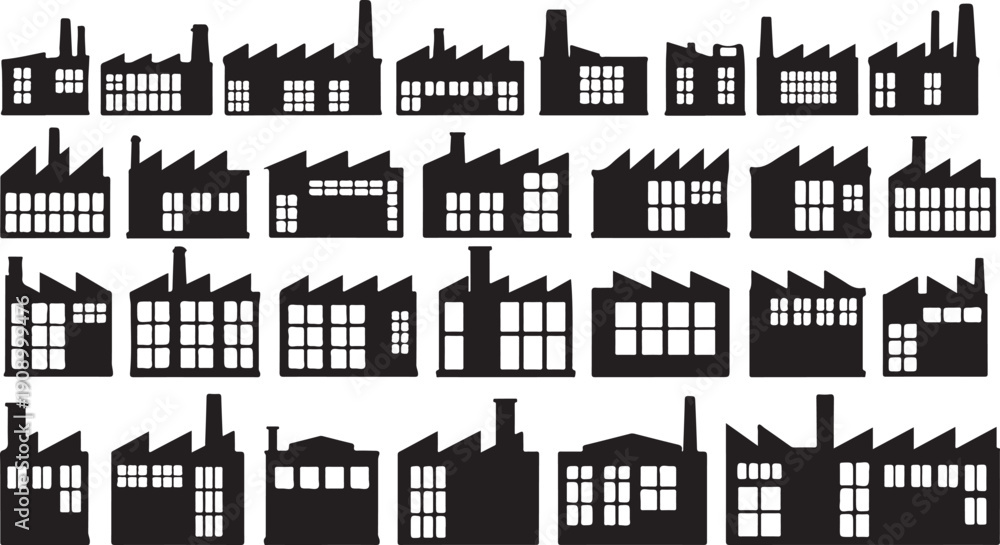 Obraz premium Black Silhouette Houses with White Windows on Plain Background