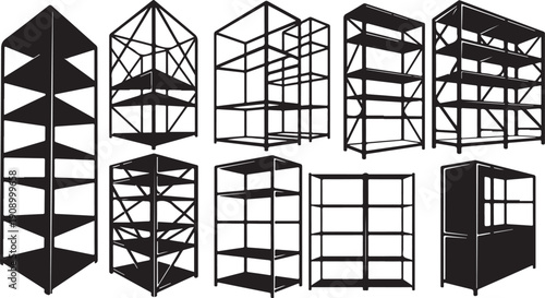 Collection of various black metal shelving units and racks