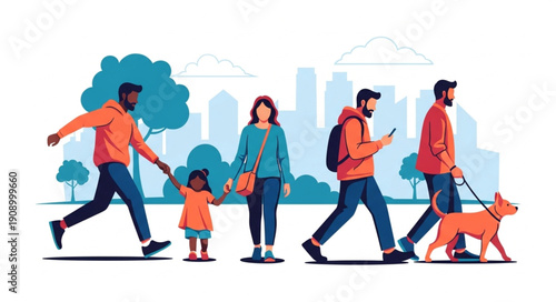 Diverse group of people walking in a city park with a dog.