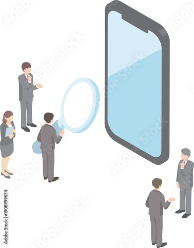 Isometric Smartphone and Business Team. Image of App Development and Mobile Marketing