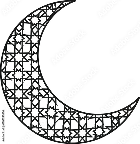 Intricate black and white crescent moon with geometric patterns