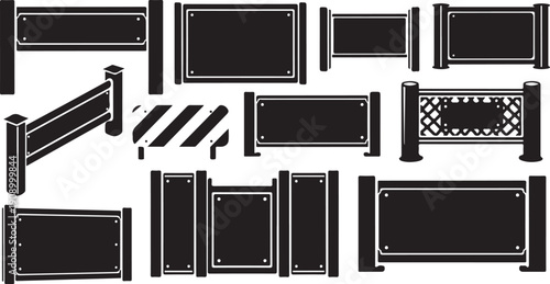 Collection of various black and white fence designs elements