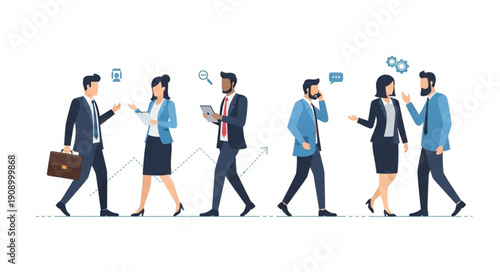 Diverse group of business professionals walking and communicating.