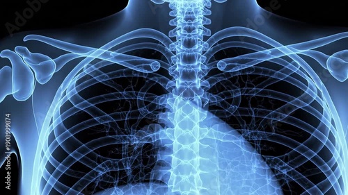 X ray chest rib, spine, bone, skeleton medical anatomy, health radiology diagnostic video showing detailed upper body structure and skeletal system