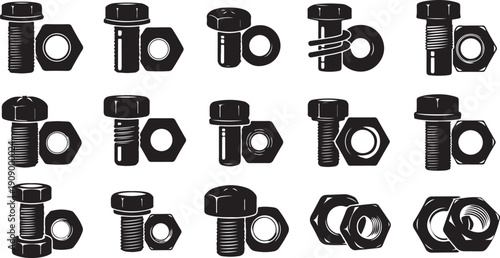 Collection of bolts and nuts in various configurations shown
