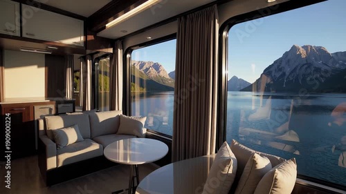 Modern train interior with large window mountain lake sunlight comfortable sofa scenic view travel luxury, cozy living room style, wood floor curtain