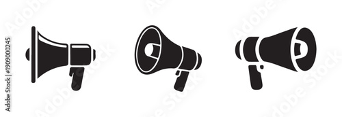 Three different style megaphone icons illustrating vocal message broadcast and loud sound projection on white backdrop