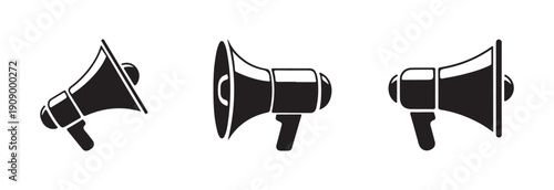 Various angles of megaphone icons showcasing sound broadcast and urgent communication concepts in solid black shapes