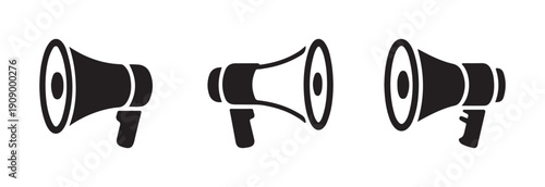 Set of three simple outline megaphone icons representing audio signaling for calls to action or important news delivery outline