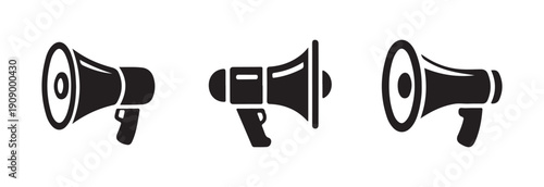 Set of three modern black megaphone icons representing announcement or communication concepts