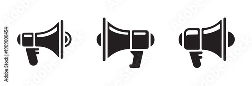 Three distinct solid black megaphone icons displaying different angles and megaphone body shapes