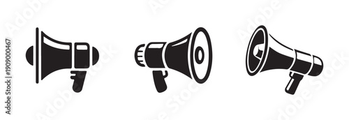 Collection of three different black silhouette megaphone illustrations showing various handle positions