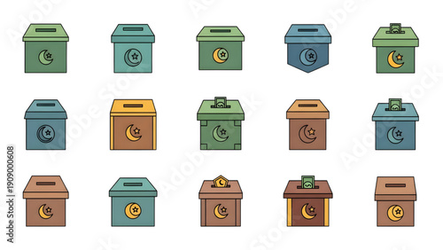 Collection of colorful zakat boxes with crescent moon and star symbols