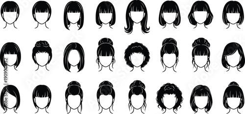 Collection of female hairstyle silhouettes featuring modern and classic haircuts, minimalist black vector icons for beauty, fashion, salon design, avatar creation, 