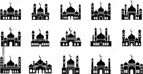 Black and white mosque with crescent moons and domes