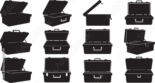 Collection of black briefcase silhouettes in various positions open