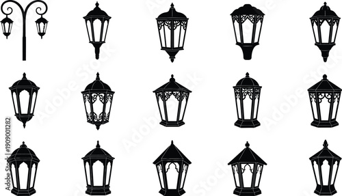 Black vintage street lamps and lanterns collection