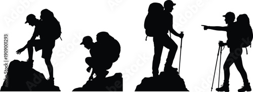 Hiking people silhouette set with backpacks and trekking poles, outdoor adventure climbers on rocks isolated on white background, traveler and mountaineering concept.