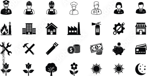 Black and white of various professions tools and nature