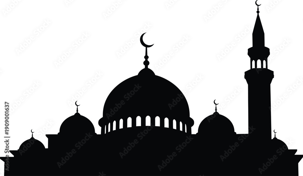 Obraz premium Black silhouette of mosque with domes and minaret white