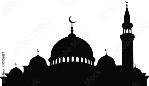 Black silhouette of mosque with domes and minaret white