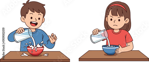 Cute cartoon illustration showing boy and girl pouring milk into cereal bowls with opposite emotions, playful versus serious expressions, representing behavior 