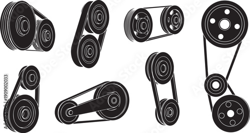 Industrial pulley systems and belts in various configurations shown