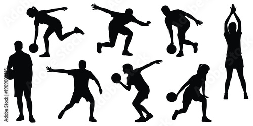 Bowling silhouettes set, players throwing ball and striking pins in action poses, sport competition symbols, alley game elements, dynamic athlete shapes, clean black vector illustration isolated.