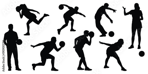 Bowling silhouettes collection, bowlers in motion with balls and pins, match and recreation scenes, indoor sport activity graphics, minimal shadow style, professional vector design set.
