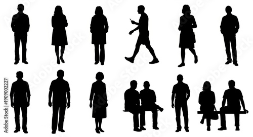 Silhouettes of diverse people standing walking and sitting in various poses.