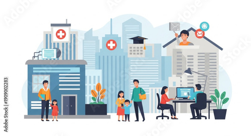 Healthcare and Education Services in Modern City Buildings.