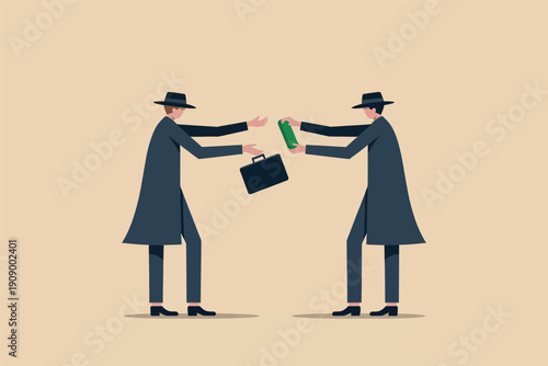 Two mysterious men in long coats and hats exchange a briefcase and cash in a secret meeting. Vector, illustration