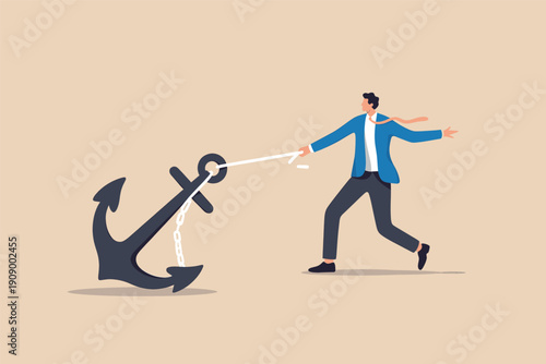 Businessman struggling to move forward while being held back by a heavy anchor on a rope Vector, illustration